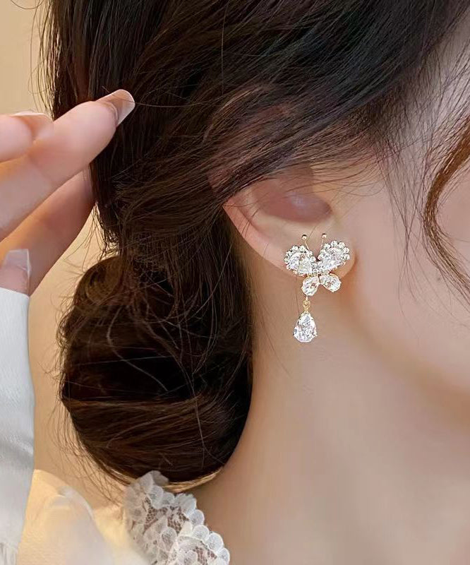 Stylish White Copper Alloy Zircon Butterfly Tassel Drop Earrings