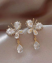 Stylish White Copper Alloy Zircon Butterfly Tassel Drop Earrings