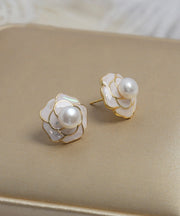 Stylish White Copper Overgild Pearl Shell Camellia Flower Stud Earrings