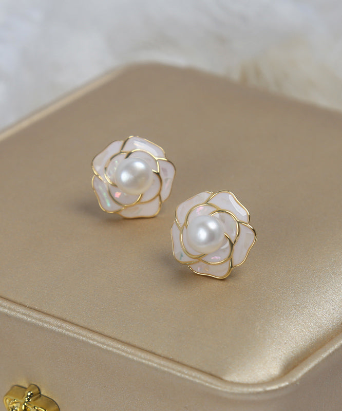 Stylish White Copper Overgild Pearl Shell Camellia Flower Stud Earrings