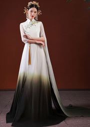 Stylish White Gradient Color Embroidered Patchwork Silk Long Dress Half Sleeve