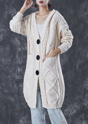 Stylish White Hooded Pockets Cable Knit Coats Winter