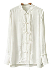 Stylish White Mandarin Collar Button Silk Shirt Long Sleeve