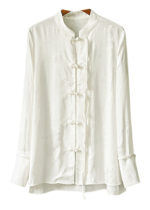 Stylish White Mandarin Collar Button Silk Shirt Long Sleeve