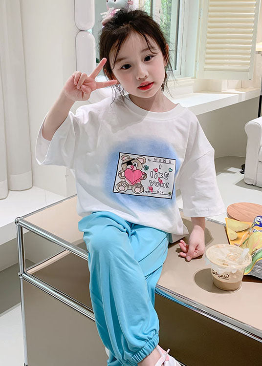 Stylish White O Neck Print Cotton Kids Girls T Shirts Summer