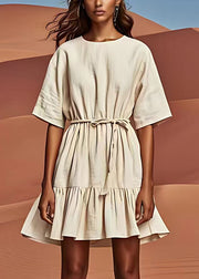 Stylish White O Neck Wrinkled Tie Waist Linen Dresses Summer