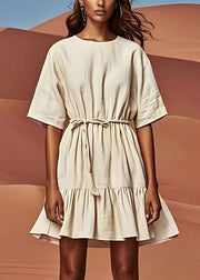 Stylish White O Neck Wrinkled Tie Waist Linen Dresses Summer