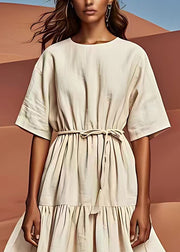 Stylish White O Neck Wrinkled Tie Waist Linen Dresses Summer