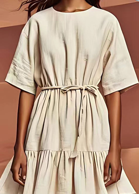 Stylish White O Neck Wrinkled Tie Waist Linen Dresses Summer