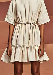 Stylish White O Neck Wrinkled Tie Waist Linen Dresses Summer