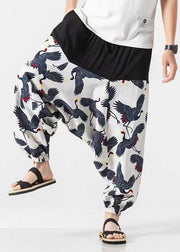 Stylish White Pockets Print Cotton Men Lantern Pants Summer