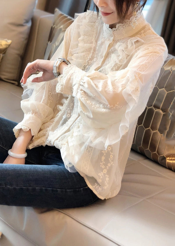 Stylish White Ruffled Button Patchwork Lace Shirts Top Fall