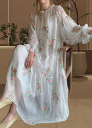 Stylish White Ruffled Embroidered Chiffon Long Dresses Fall