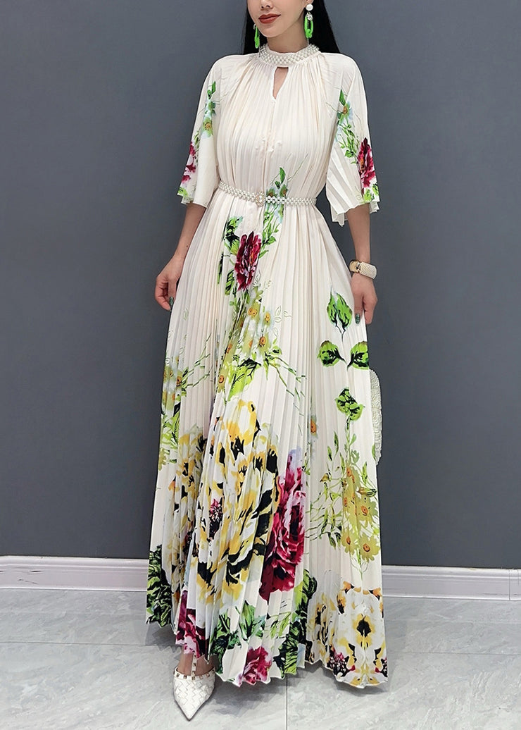 Stylish White Stand Collar Print Maxi Dresses Half Sleeve