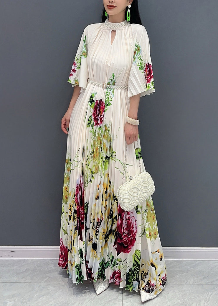 Stylish White Stand Collar Print Maxi Dresses Half Sleeve