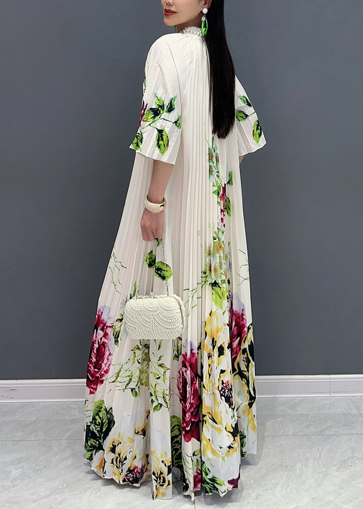 Stylish White Stand Collar Print Maxi Dresses Half Sleeve