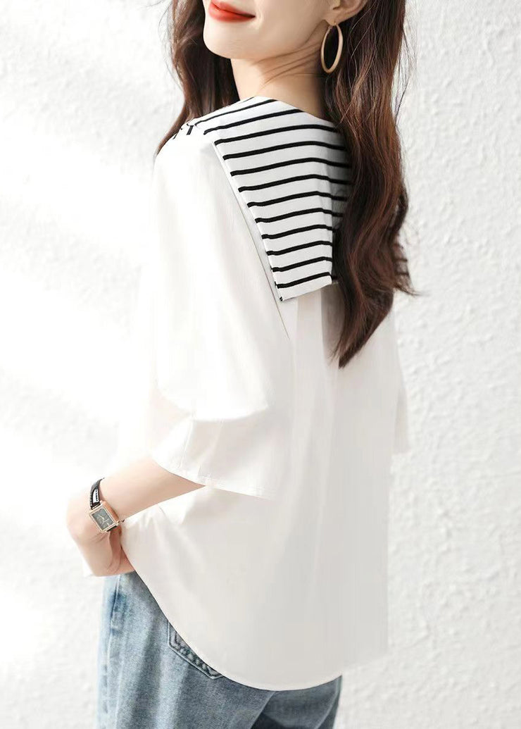 Stylish White Striped Sailor Collar Cotton Blouse Tops Summer