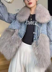 Stylish White Tasseled Denim Patchwork Fuzzy Fur Fluffy Coat Winter