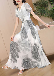 Stylish White V Neck Print High Waist Holiday Chiffon Long Dress Summer