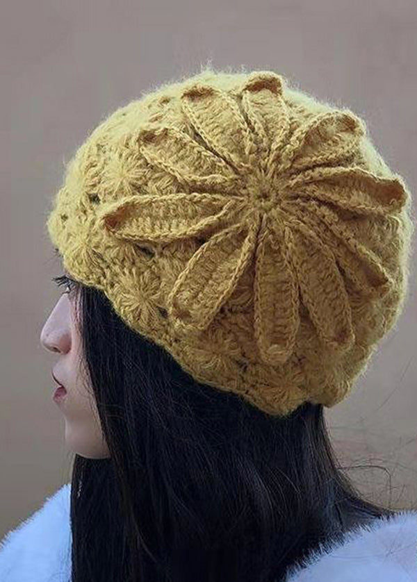 Stylish Yellow Appliqued Thick Knit Beret Hat