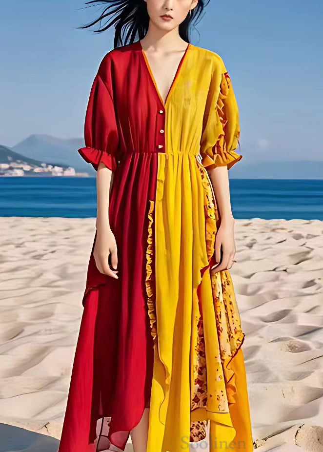 Stylish Yellow Asymmetrical Ruffled Chiffon Dresses Half Sleeve