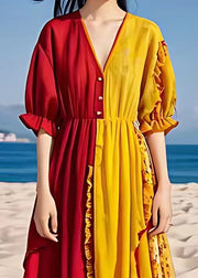 Stylish Yellow Asymmetrical Ruffled Chiffon Dresses Half Sleeve