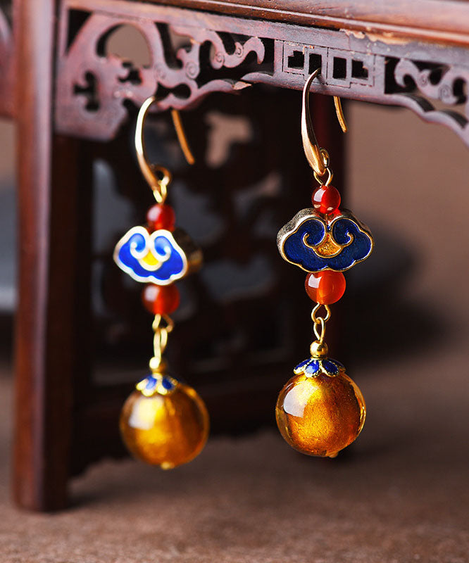 Stylish Yellow Coloured Glaze Cloisonne 14K Gold Chinese Style Drop Earrings