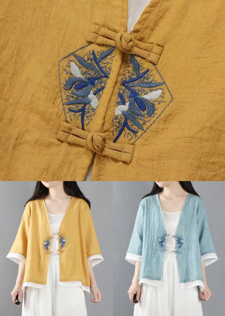 Stylish Yellow Embroideried Patchwork Cotton Tops Coats Summer