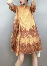 Stylish Yellow Embroideried Patchwork Tulle Mid Dress Summer