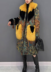 Stylish Yellow Fur Collar Print Button Mink Velvet Thick Coats Winter