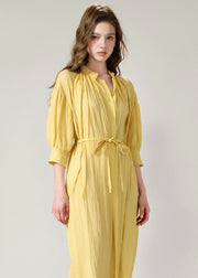 Stylish Yellow Lace Up Loose Cotton Shirts Dress Summer