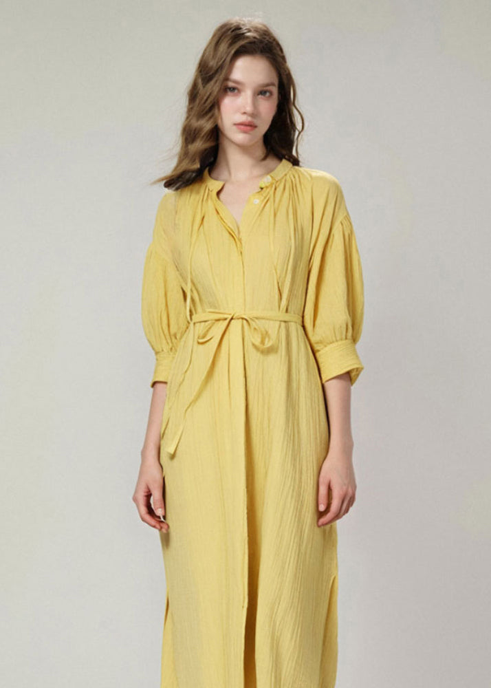 Stylish Yellow Lace Up Loose Cotton Shirts Dress Summer