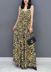 Stylish Yellow Leopard Patchwork Chiffon Spaghetti Strap Jumpsuit Summer