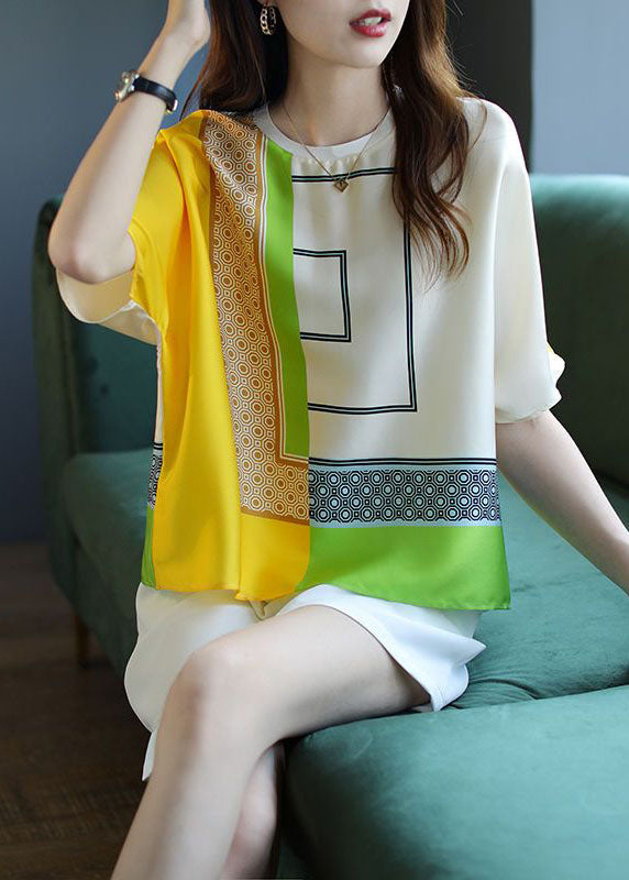 Stylish Yellow O Neck Geometric Print Chiffon Blouse Top Summer