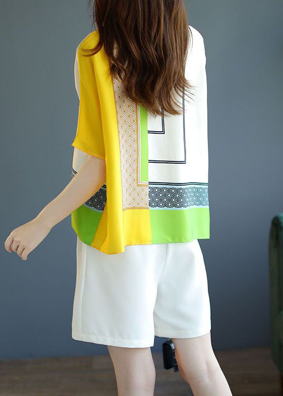 Stylish Yellow O Neck Geometric Print Chiffon Blouse Top Summer