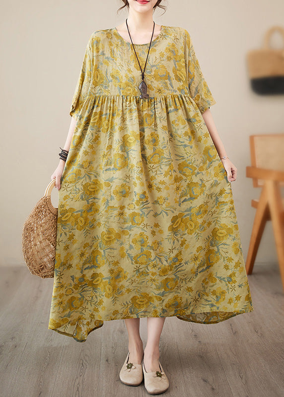 Stylish Yellow O-Neck Print Chiffon Vacation Long Dress Short Sleeve