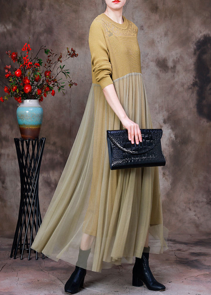 Stylish Yellow O-Neck Tulle Patchwork Knit Dress Long Sleeve