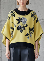 Stylish Yellow Oversized Jacquard Knit Pullover Batwing Sleeve