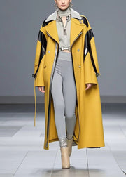 Stylish Yellow Oversized Patchwork Woolen Trench Coat Fall