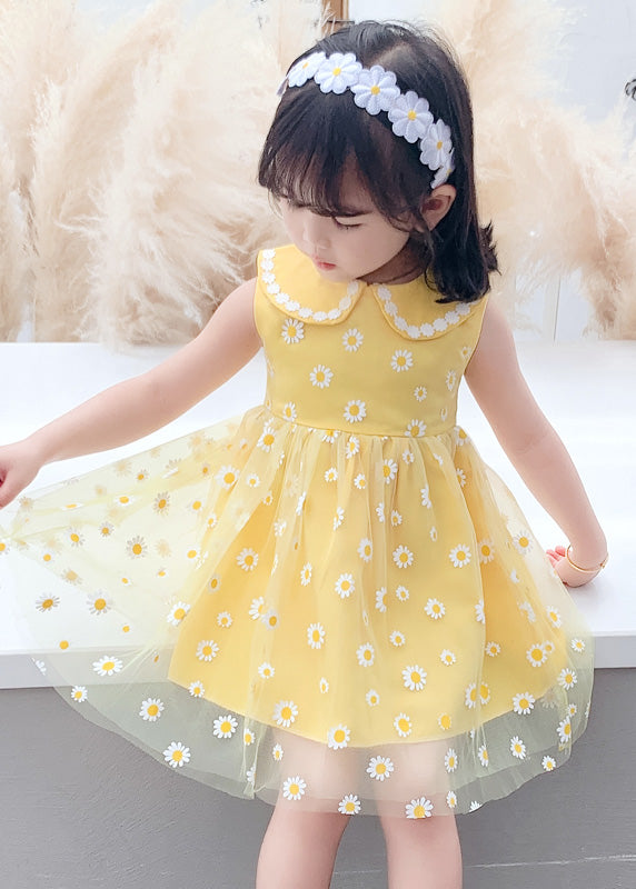 Stylish Yellow Patchwork Tulle Kids Long Dresses Sleeveless