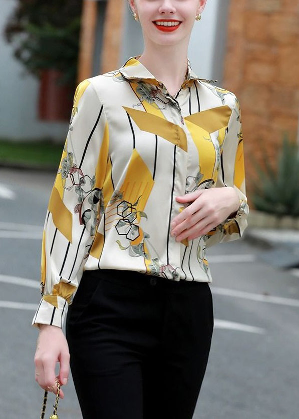 Stylish Yellow Peter Pan Collar Print Silk Shirt Long Sleeve