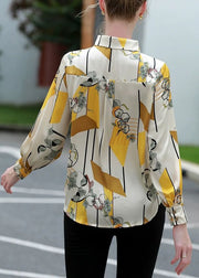 Stylish Yellow Peter Pan Collar Print Silk Shirt Long Sleeve