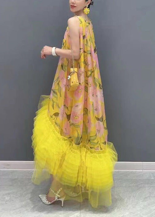 Stylish Yellow Print Ruffled Tulle Patchwork Chiffon Dresses Sleeveless