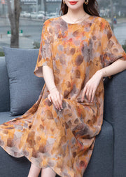 Stylish Yellow Print Side Open Patchwork Chiffon Dress Summer