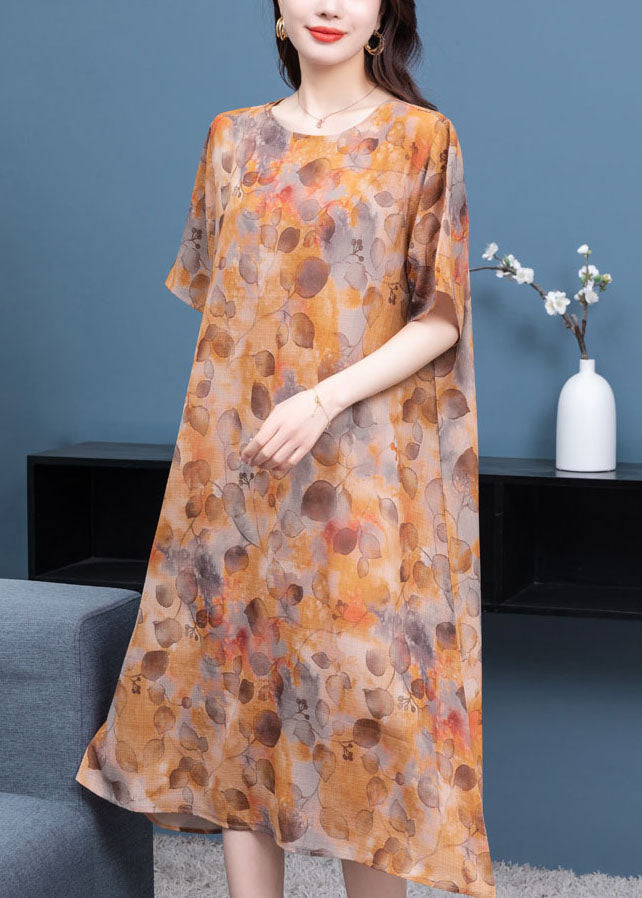 Stylish Yellow Print Side Open Patchwork Chiffon Dress Summer