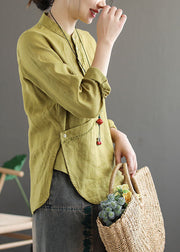 Stylish Yellow Stand Collar Asymmetrical Design Linen Tops Long Sleeve