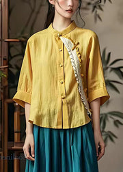 Stylish Yellow Stand Collar Patchwork Linen Tops Summer