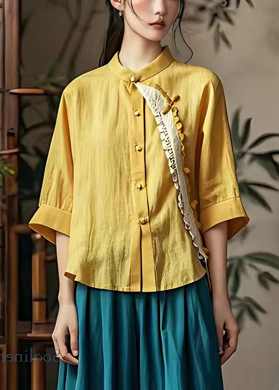 Stylish Yellow Stand Collar Patchwork Linen Tops Summer