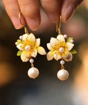 Stylish Yellow Sterling Silver Alloy Pearl Floral Tassel Drop Earrings