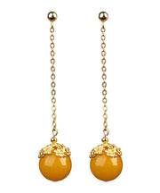 Stylish Yellow Sterling Silver Overgild Amber Beeswax Ball Drop Earrings